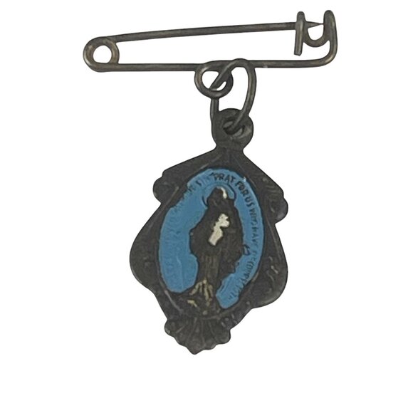 Vintage Religious Medal Pin With Madonna & Child In Blue Oval - Picture 2 of 6
